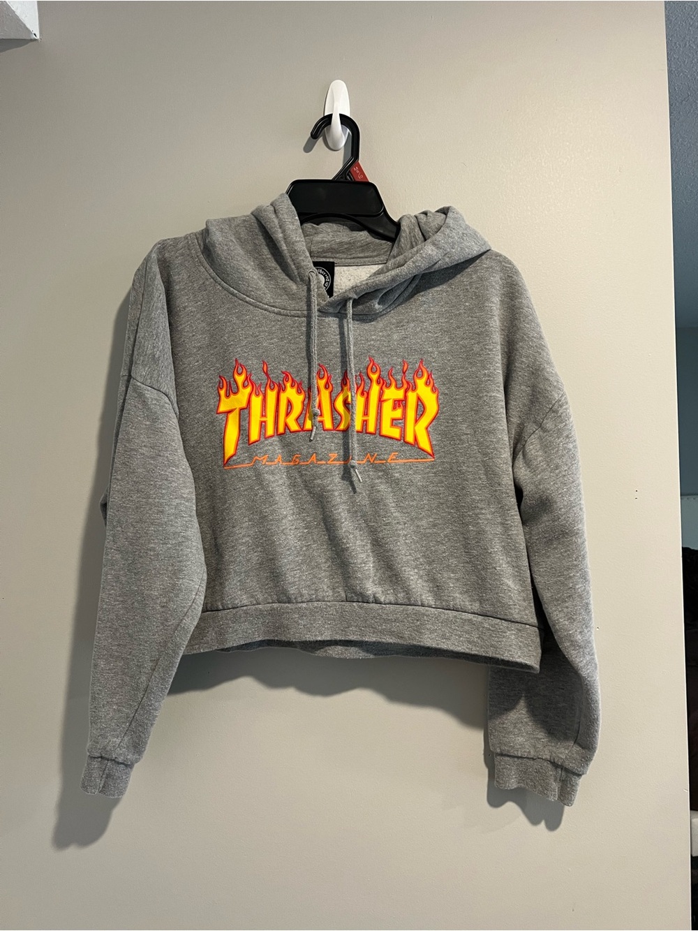 Thrasher Gray Cropped Hoodie with Flame Logo